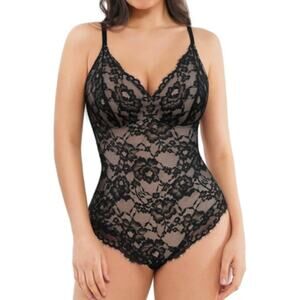 Popilush Shapewear Bodysuit V Neck Tummy Control Backless Lace Black Size Medium